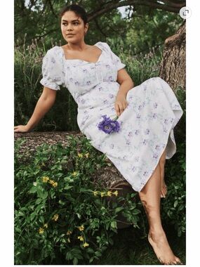 Floral Puff-Sleeve White Midi Dress with Lavender Print